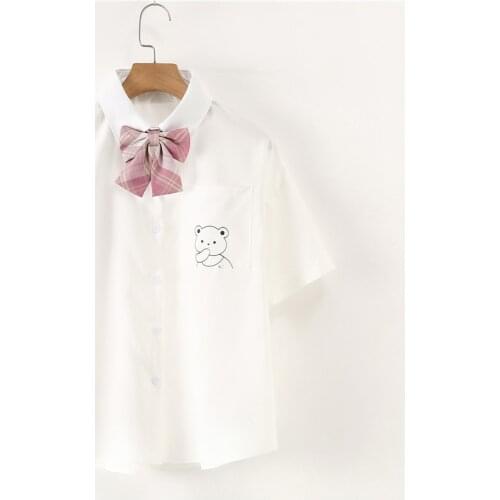 New Japan School Little bear Print Blouses Women Pink Bow Tie Girl Shirts Lapel Summer Short Sleeve Solid Tops Female Clothing