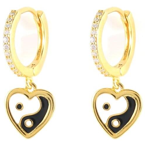BOAKO 925 Sterling Silver Yin Yang Pattern Heart Shape Pendant Dangle Earring For Women Luxury Zircon Mosaic Circle Drop Earring
