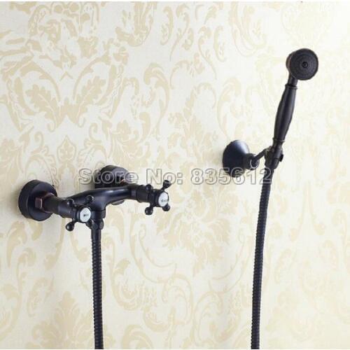 Black Oil Antique Brass Bathroom Shower Faucet Wall Mounted Dual Handle Handheld Shower Mixer Taps jam002