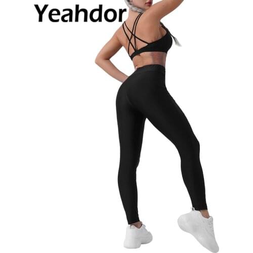 Women Seamless Yoga Set Sport Suit V Neck Removable Chest Pads Bras Tops and High Waist Pants Set for Gym Workout Sports Dance