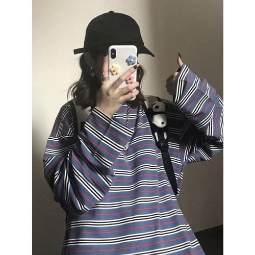 Spring Autumn female t-shirt Casual O-Neck stripe Tees harajuku Loose T-Shirts Women Long Sleeve Oversize top Hip Hop Streetwear