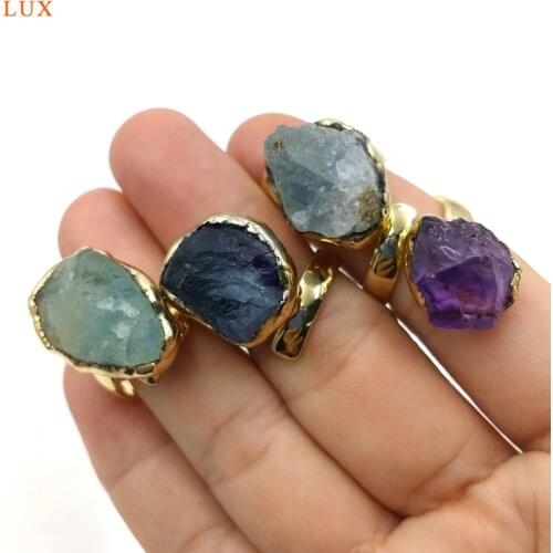 100Pcs Natural Gems Rings Amethyst Rings Bronze Gold Electroplated Adjustable Healthy Crystal Quartz ring For women girl Gift