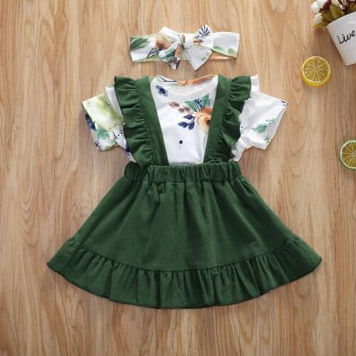 Pudcoco Newborn Baby Girl Clothes Flower Print Short Sleeve Romper Tops Ruffle Strap Skirt Headband 3Pcs Outfits Sunsuit Set