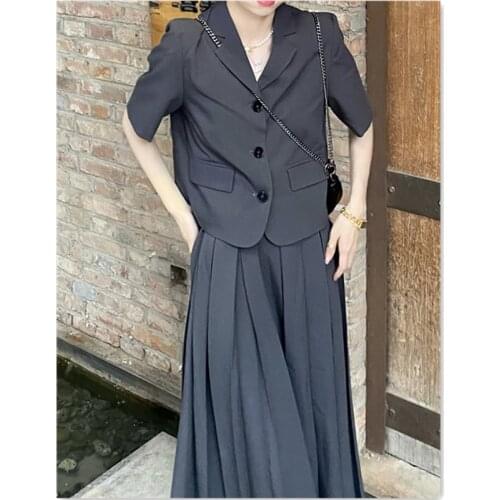 Summer Korean Fashion Two Piece Set Women Skirt Short Sleeve Blazer and High Waist Long Pleated Skirt Suits 2 Piece Outfits
