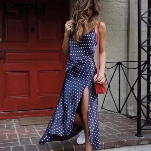 LTPH ins sexy streetwear women dress polka dot satin sleeveless irregular V-neck split long camisole dresses 2021 summer new