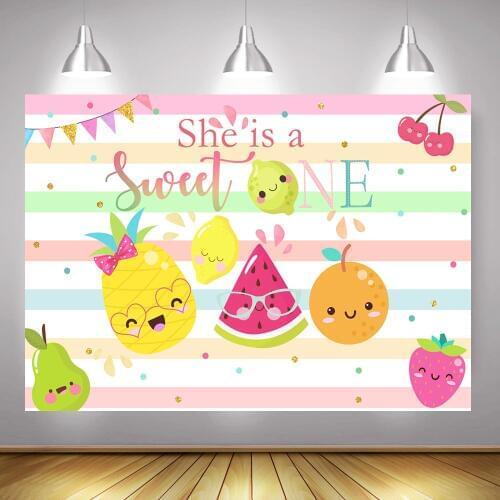 Little Sweet Girl One Birthday Backdrop 1st Birthday Smash Cake Background Decor Summer Fruit Party Photography Rainbow Stripes