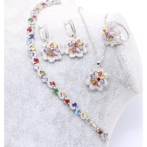 Fashion Jewelry Sets for women Sterling Silver Color Multicolor Stones Zirconia Trendy Pendant Necklace Earrings Bracelet Ring