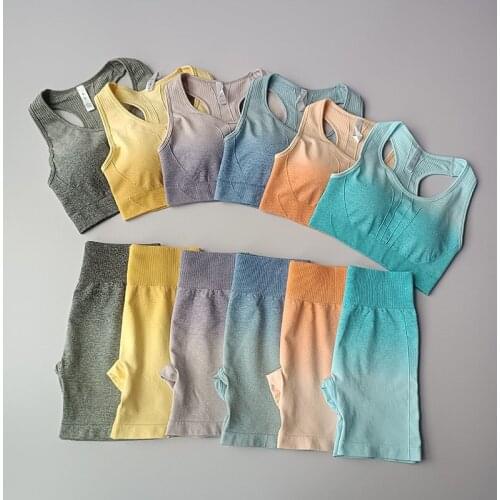 2021 latest gradient womens workout yoga suit high waist seamless gym womens sportswear sports bra and shorts 2-piece set