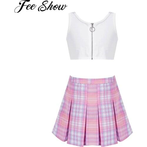 Hip Hop Girls Clothing Kids Dance Outfits Summer Children Sleeveless Zipper Vest Crop Top + Plaid Pleated Skirt 2Pcs Set 4-16Y
