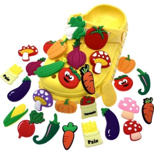 Wholesale 100PCS Mix Vegetables Icon Croc Jibz Decoration Wristband Accessories Mushromm Tomato Shoe Charms Kids X-mas Gifts