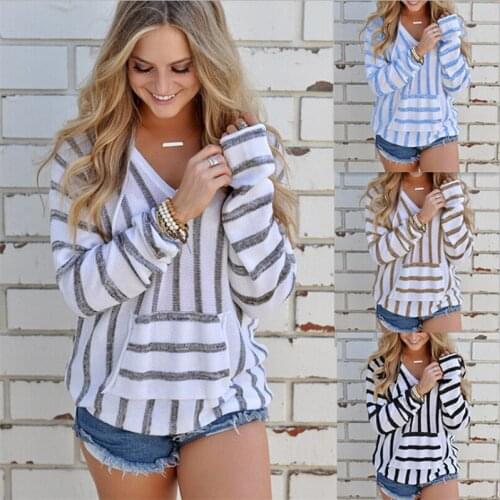 Casual Women Striped Drawstring Hoodes Hoodies Sweatshirt Pullover Fashion Long Sleeve Women Pockets Hoodies Mujer