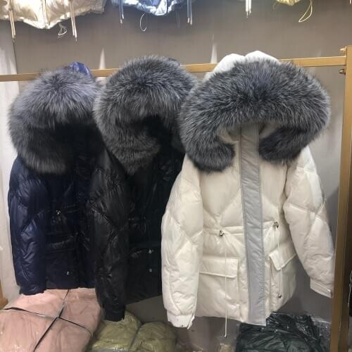 Winter thickened fur collar down jacket for women with waist waist slimming slim small size fashion profile mid-length style