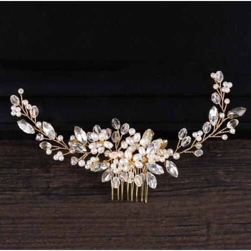 Hot Sale Golden Leaf Bridal Hair Combs Wedding Hair Accessories Pearl Beads Tiaras Hair Jewelry Headpiece Hair Comb Jewellery LB