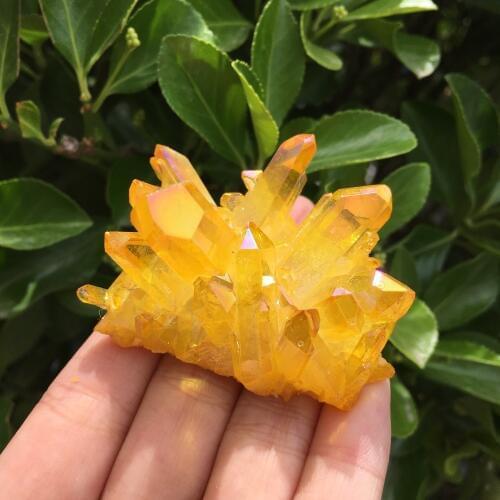 Rare beautiful yellow flame aura quartz crystal cluster specimen