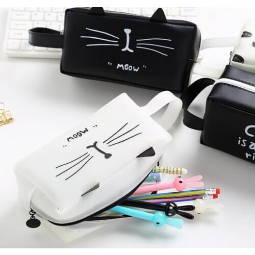 Cartoon cat pen bag for students large capacity pen bag white and black lovely cat bag