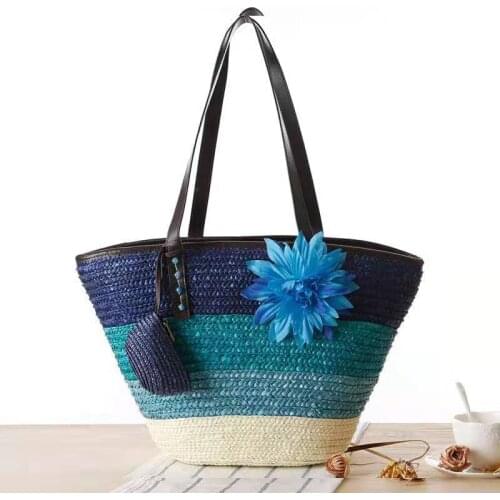 Knitted Straw bag Summer flower Bohemia fashion womens handbags color stripes shoulder bags beach bag big tote bags