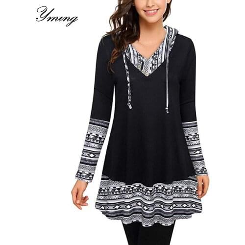 YMING Womens Printed Hooded T-shirt Long Sleeve Top Casual V-neck Top Loose Panel Print Long Sleeve Womens Casual Top