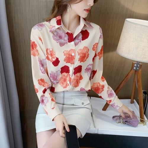 Women Blouse Fashion Flower Print Long Sleeve Top Shirt Spring 2021 Plus Size Casual Tops