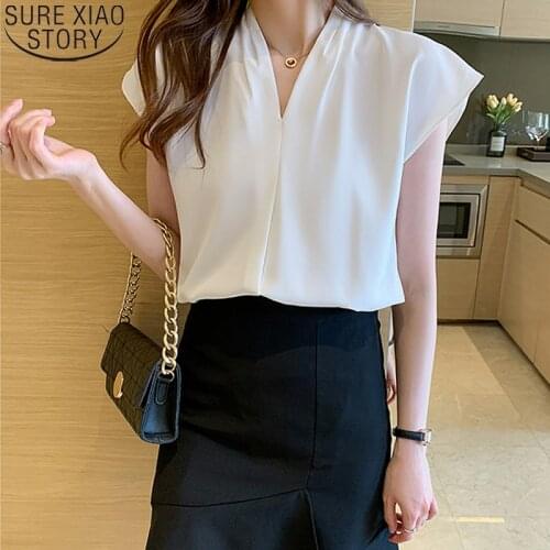 2021 Summer V-neck Blouse Women Tops Office Lady Casual Chiffon Short Sleeve Women Shirt Solid Plus Size Female Clothing 13805
