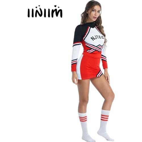 Women Schoolgirl Cheerleader Role Play Costume Contrast Color Outfits Striped T-shirt with Mini Skirt Bowknot Headwear Stocking