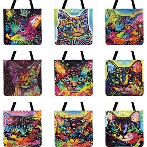 Women Hand Bag American Pop Watercolor Neon Cat Painting Print Tote Bag For Women Casual Tote Foldable Shopping Bags Beach Bags