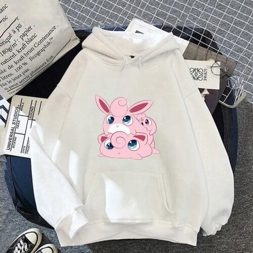 Pokemon Hooded Sweatshirts Women Hoodie Kawaii Anime Jigglypuff Cartoons Fashion Print Casual Clothes Warm Pink Pullovers Tops