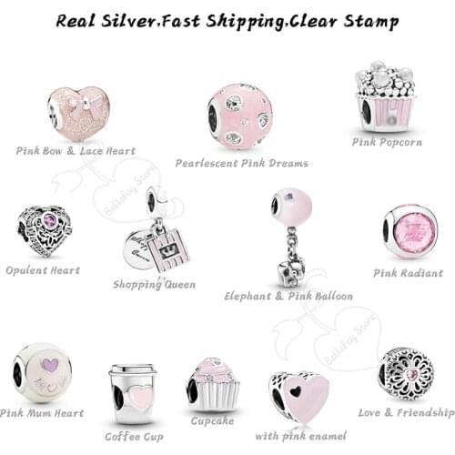 100% Real 925 Silver Pink Color Charms Heart Beads Cupcake Pendants Fits Original Bracelets Necklaces Bangles DIY Jewelry Making