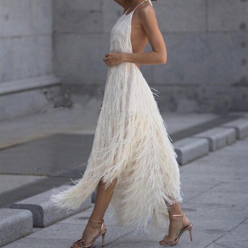 Fringed Sexy Summer Dress Women Backless Sleeveless Elegant Solid Hanging Neck Dress Casual Party Girl Dress Fashion Robe Femme