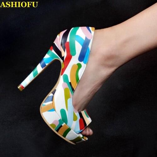 ASHIOFU Handmade Womens High Heel Pumps Peep-toe Multicolored Leather Party Dress Shoes Platform Sexy Evening Fashion Shoes