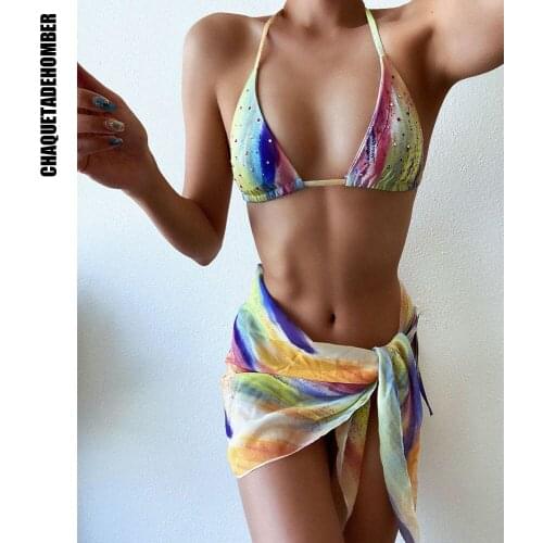 Bikinis 2021 Rhinestone Bandage Swimwear 3pcs/set Sexy Swimsuit Summer Brazilian Thong Swimming Suit Beachwear Women Clothing