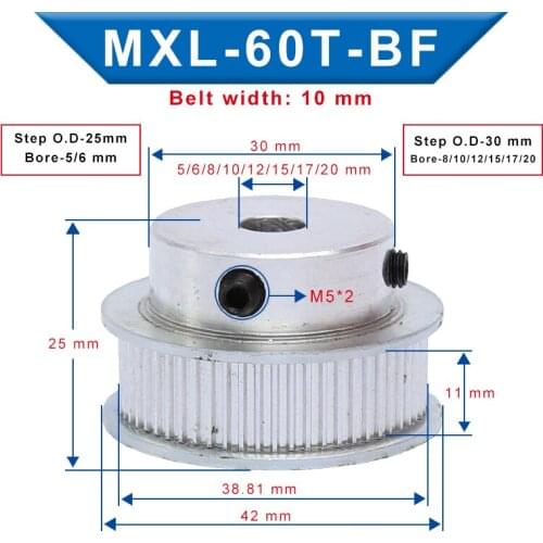 1 Piece MXL-60T Timing Pulley Bore 5/6/8/10/12/15/17/20 mm Pulley Wheel Slot Width 11 mm Match with Width 10 mm MXL-Timing belt