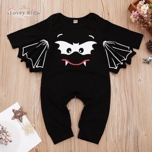 2020 Toddler Baby Girl Boy Halloween Romper New Born Baby Items Bat Shape Black Long Sleeve Party Costume Cotton Soft Jumpsuit