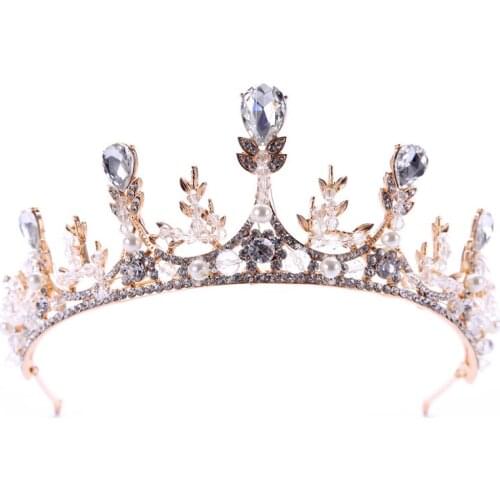 FORSEVEN Baroque Crystal Rhinestone Tiaras Gold Color Bridal Wedding Crown Headband Party Show Pageant Hairband Hair Accessories