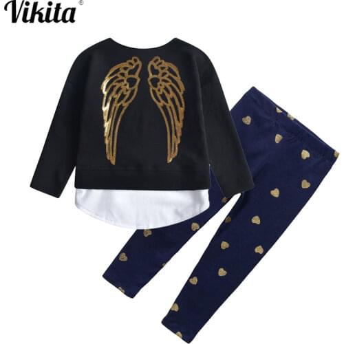 VIKITA Children Girls Clothing Sets Long Sleeve Wings Sequins Cotton T-shirt + Love Pattern Pants 2 pcs Cotton Kids Clothes