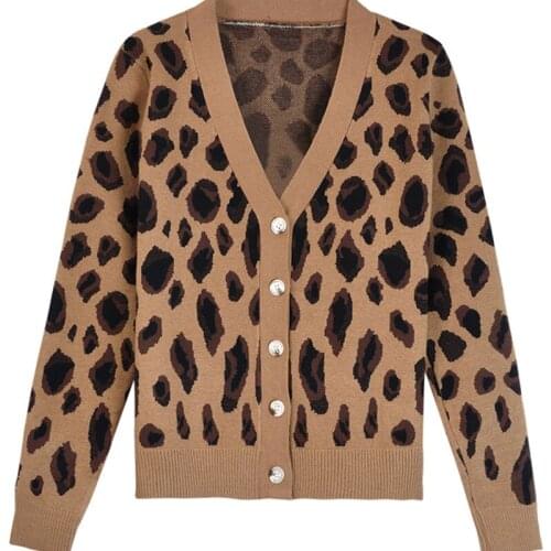 Early spring 2021 new Fashion Women Knitted Cardigan Long Sleeve V Neck Leopard Print Sweater Knitwear Women Casual Outerwear