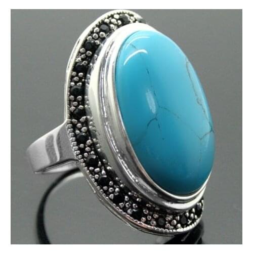 17X30mm Blue Turquoises Oval Gems 925 Sterling Silver Marcasite Ring