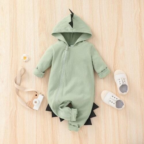 FOCUSNORM Newborn Baby Boys Girls Romper Dinosaur Hooded Long Sleeve Zipper Autumn Jumpsuits 0-18M