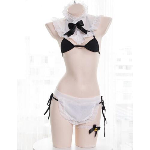 Kawaii Maid Bikini Set Womens Lingerie Bra & Panties & Collar Leg Ring Arm Rings Apron Set Cute Exotic Apparel