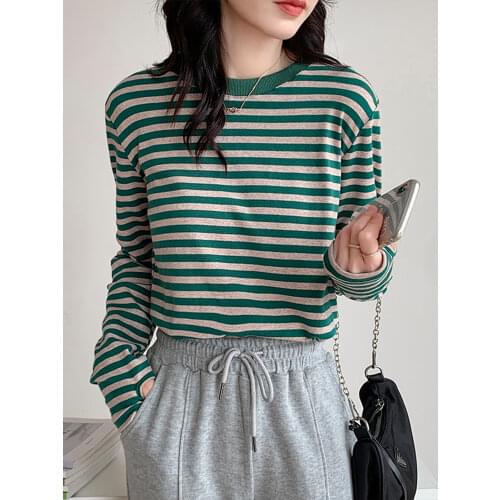 Korea Cotton T Shirt Women 2021 Autumn T-Shirt Woman Casual Top Tee Female Green Black Striped Long Sleeve Tshirt Basic Winter