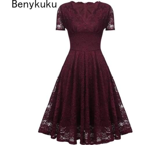 Summer Women Party Dress Sexy Deep V-neck Short Sleeve Gown Elegant Ladies Dresses Wine Red Vintage Lace Big Swing Dress Womens