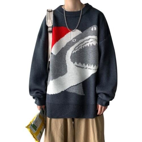 New Mixed Colors Men Sweaters Round Neck Pullover Loose Casual Shark Pattern Harajuku Couples Sweater Men Clothing 2020