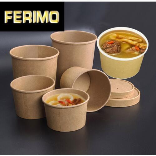 50pcs/pack Large Capacity Disposable CKraft Paper Bowl With Paper Lid Eco Takeaway Food Package Paper Cup Paper Lunch Box