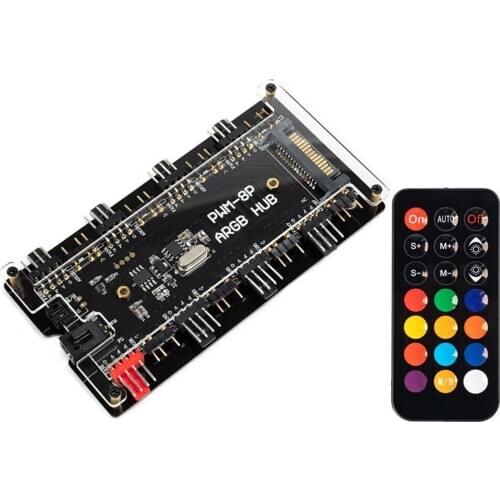 VODOOL Remote Control PWM Fan Hub 8 Port 4-Pin PWM Fan 1 to 8 3-Pin SATA Power ARGB Addressable RGB LED Hub Extension Cable