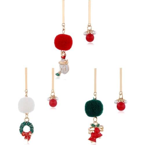 Gold alloy Strip Earrings Christmas decorations drop earring Snowman bell Garland Plush ball bead Dangling Earrings woman gift