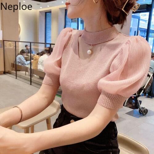 Neploe Summer Clothes 2021 Fashion Sweater T Shirts Korean Puff Sleeve Ladies Tops Knit Women Pullover Pull Femme Halter Shirt