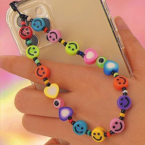Bohemian Handmade Rainbow Smiley Phone Chain Charms Nostalgic DIY Fashion Vintage Heart Keychains Accessories Women Gifts