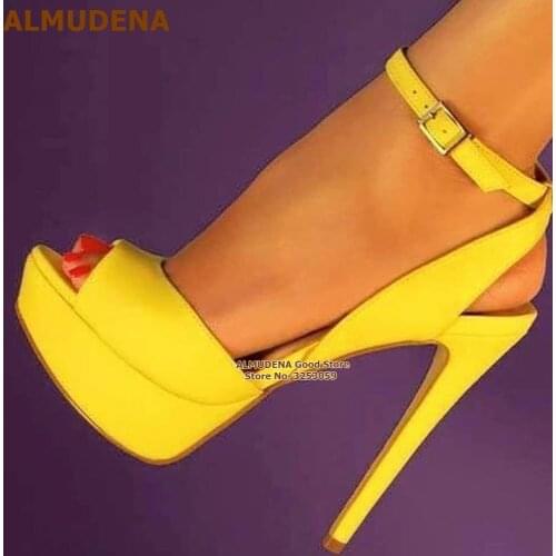 ALMUDENA Yellow Matte Leather Stiletto Heel Sandals Platform Open Toe Buckle Strap Party Shoes Size46 Concise Sexy Wedding Pumps