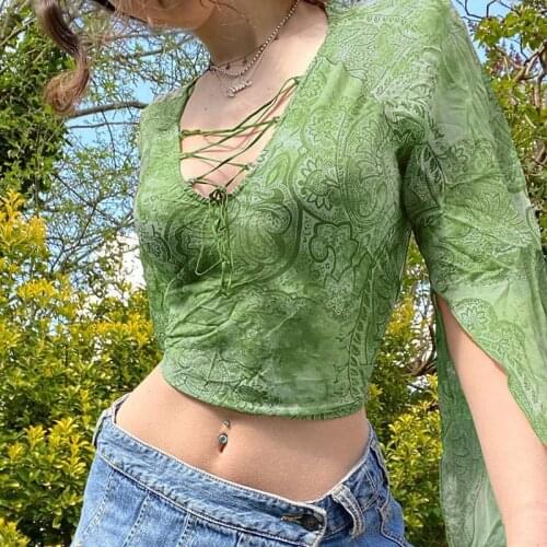 Fairy Grunge Streetwear Lace-Up Flare Sleeve Mesh T-shirts Y2K Vintage Printing V-neck Lettuce Trim Cropped Tops Green