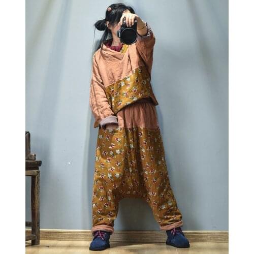 Women Loose Elastic Waist Patchwork Harem Pants Padded Trousers Female 2020 Winter Spliced Warm Pants Female Padded Pants