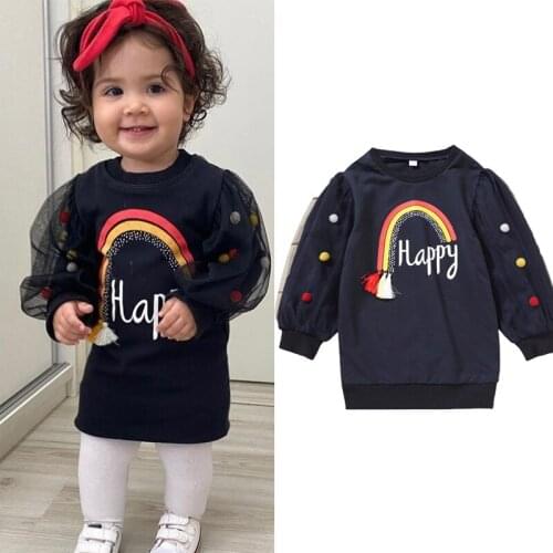 1-6Y Autumn Fashion Kids Girls Sweatshirts Dress Outfits Mesh Puff Long Sleeve Pullover Rainbow Print Long Length Straight Dress
